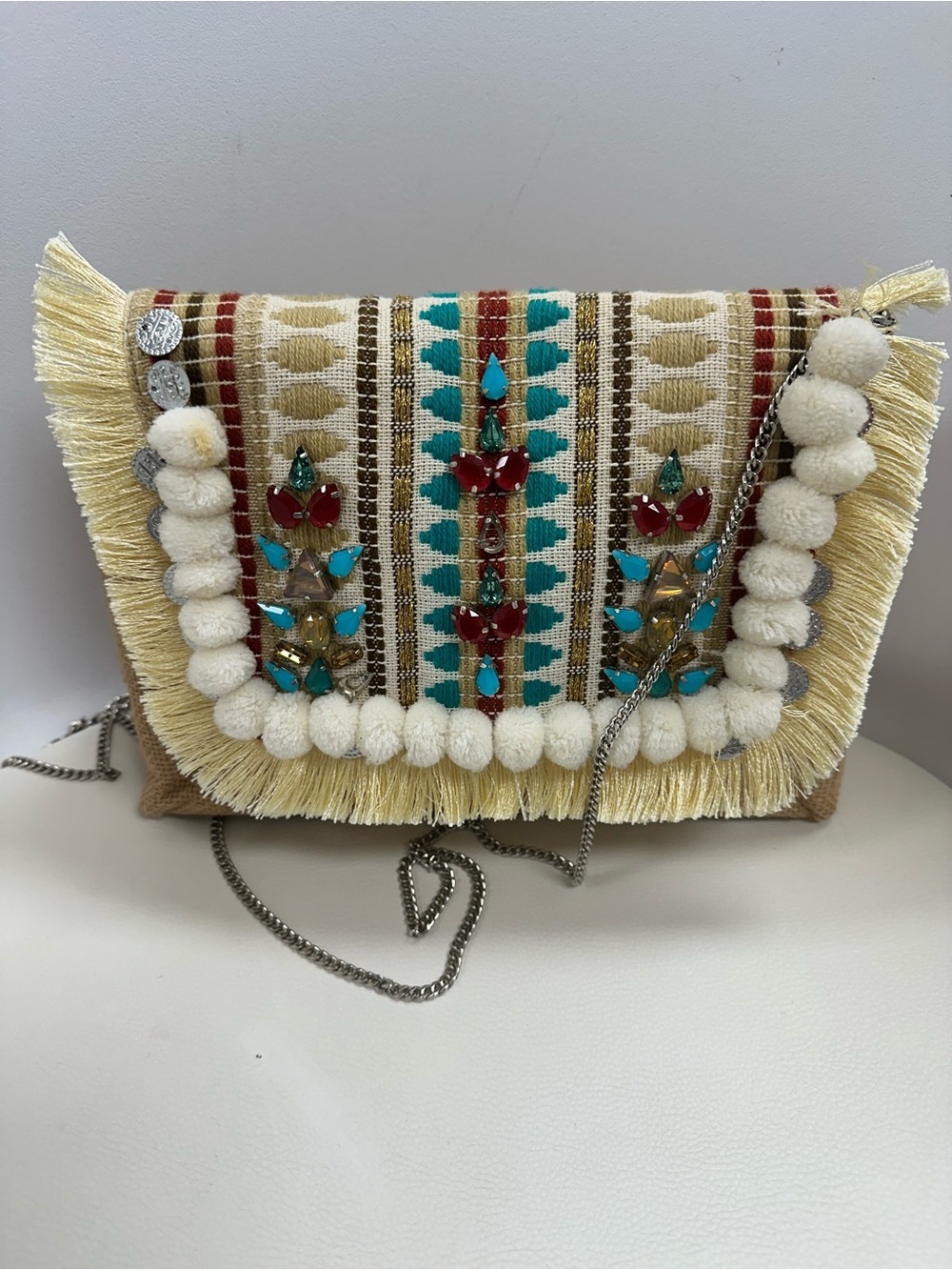 AREA Stars Embellished Boho Fringe Crossbody Clutch Bag Pom Pom Beaded - Picture 3 of 9